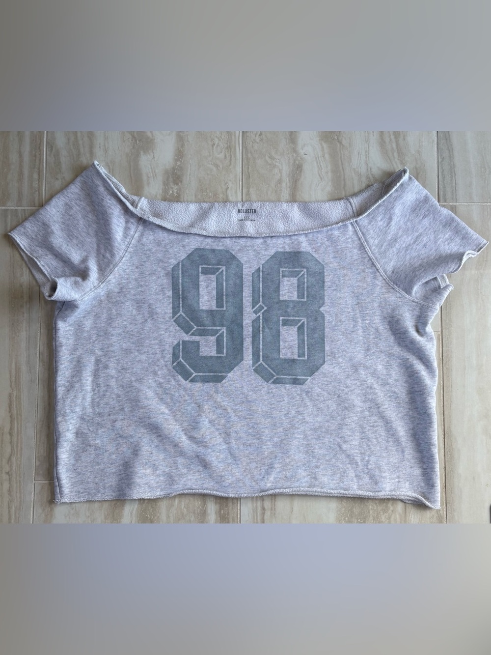Hollister Light Gray Easy Off-Shoulder Crop Top with '98' Graphic